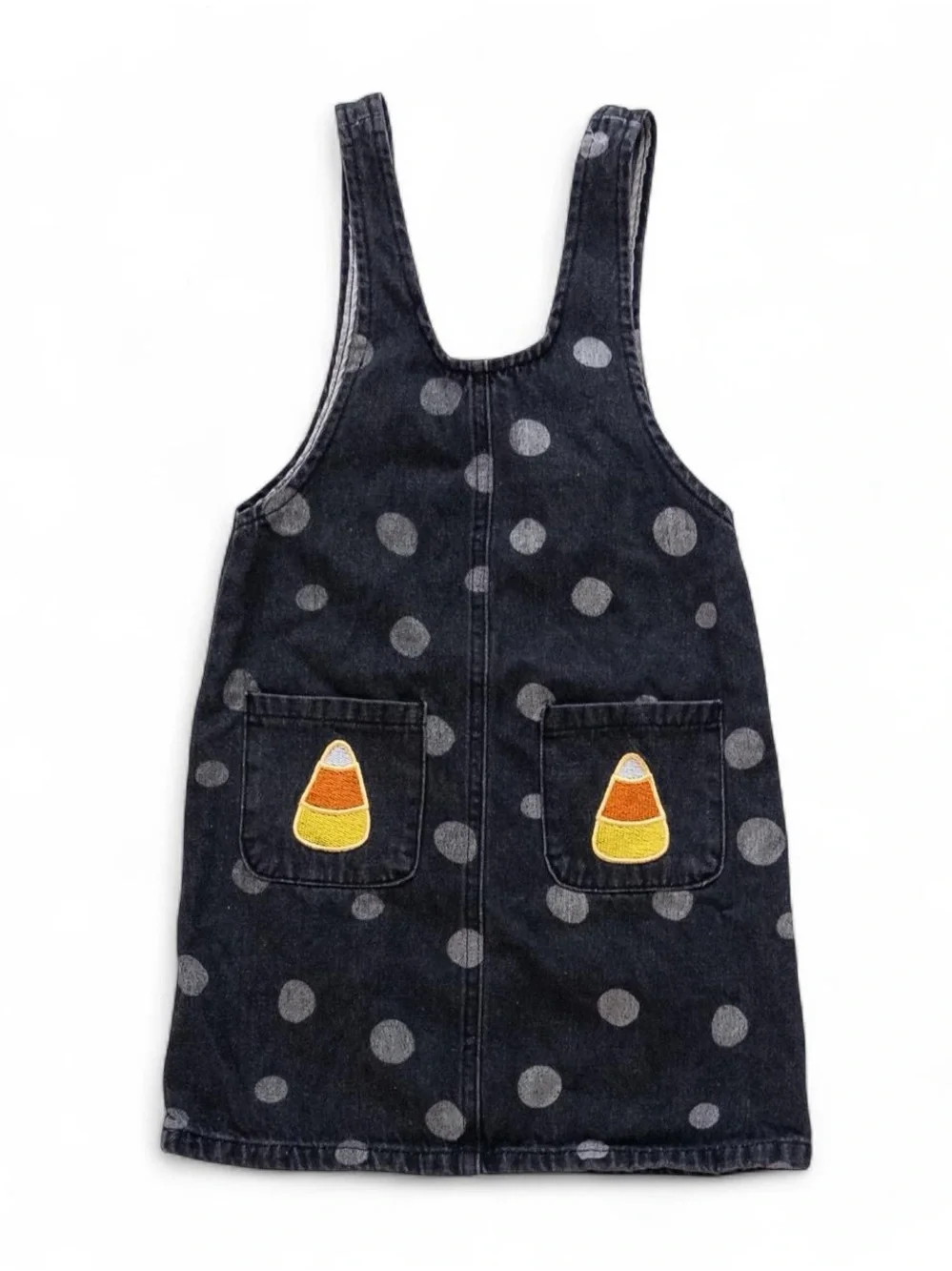 Girls Black Polka Dot Denim Jumper Dress with Candy Corn Pockets - Size XL